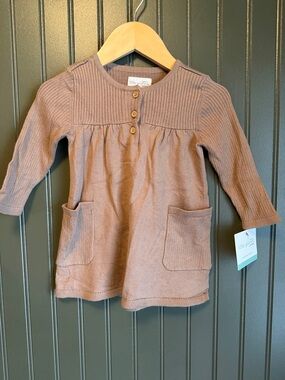 Brown Ribbed Knit Pocket Dress - Girls